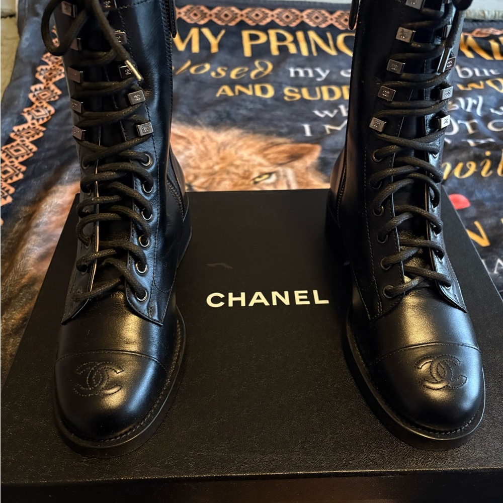 CHANEL Black Leather Combat Boots - Picture 6 of 7